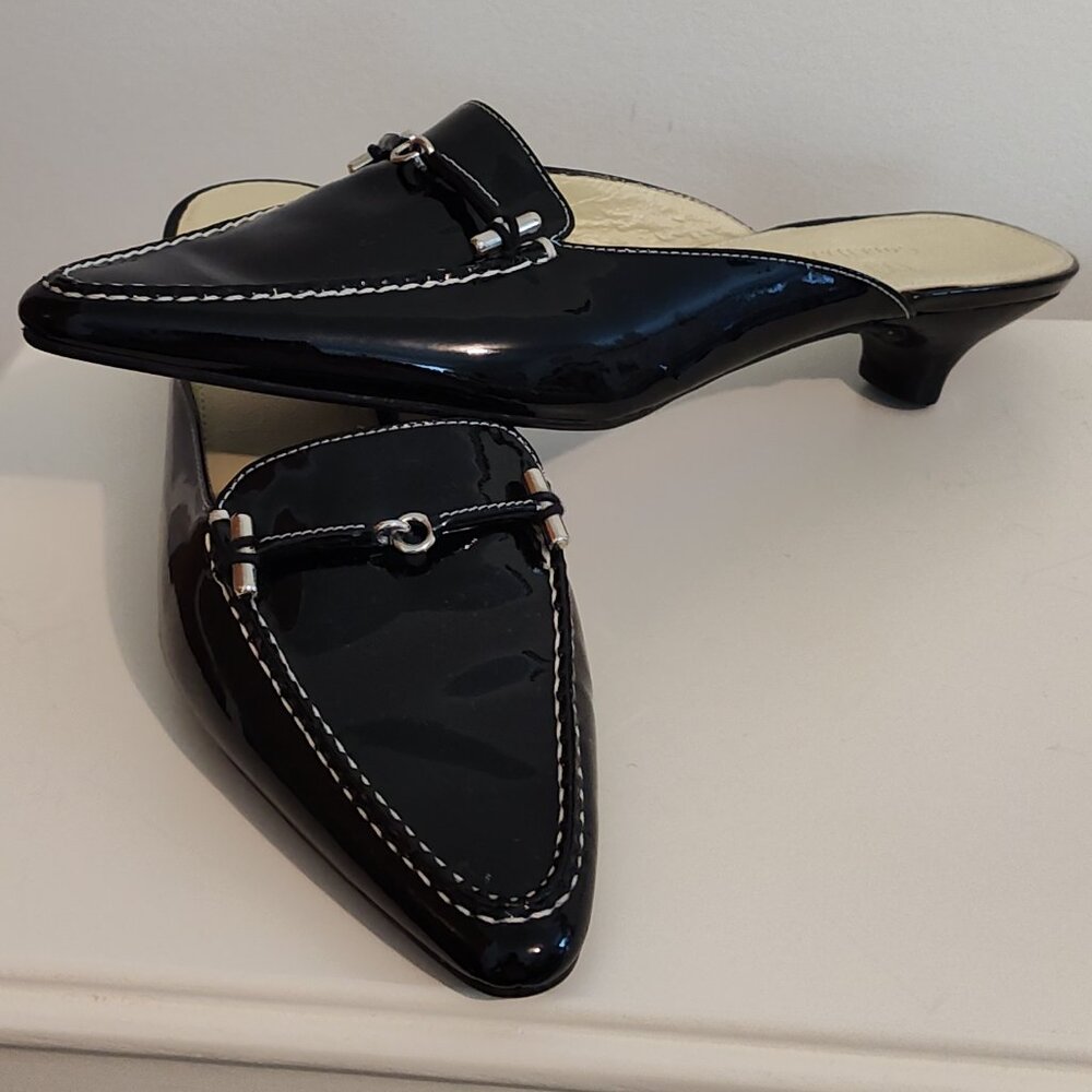 Cole Haan patent leather black mules with kitten heel, EUC, size 6.5 B